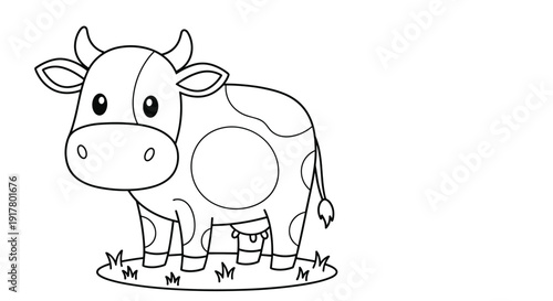 Black and white line art illustration of a cute cartoon cow standing on a small patch of grass intended for a children coloring book.