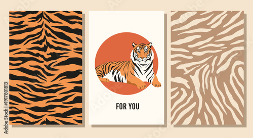 Set of three graphic posters featuring a majestic tiger lying down and two coordinating animal print patterns in orange and beige tones.