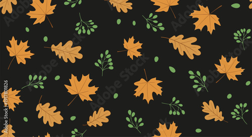 Seasonal seamless pattern featuring orange maple and oak leaves with green berries on a dark background capturing the essence of autumn.