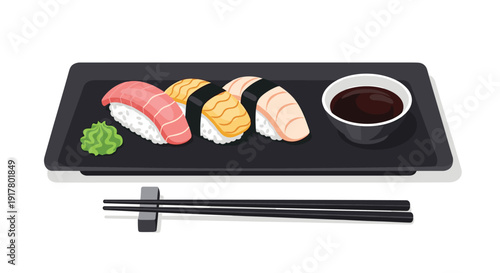 Appetizing illustration of a sushi set with three pieces of nigiri, wasabi, and a bowl of soy sauce served on a sleek black rectangular plate.
