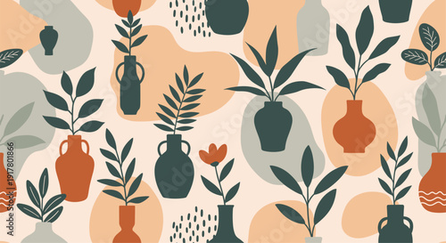 Earthy toned seamless pattern featuring silhouettes of various plants and flowers in pottery vases on a background of abstract shapes.