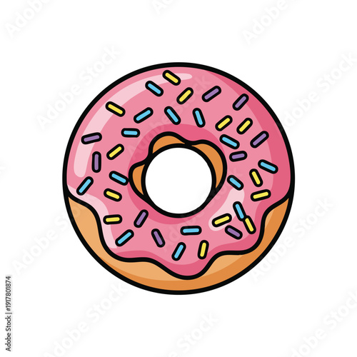 Delicious pink frosted donut with colorful sprinkles for a sweet snack or dessert