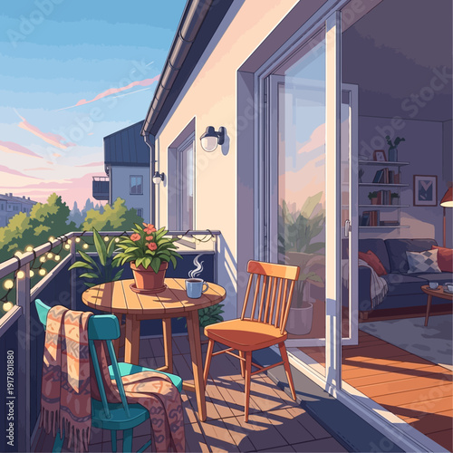 Cozy apartment balcony with wooden table and chairs, a potted plant, and coffee cup, offering a peaceful view at sunset, with a living room visible through glass doors.