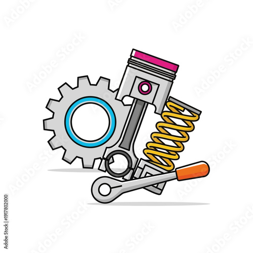 Engine Piston, Gear, Spring, and Wrench, Mechanical Components Illustration on Isolated White Background