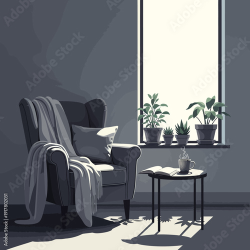 Cozy Armchair with Blanket and Coffee Cup in a Bright Living Room, Indoor Plants by the Window, Peaceful Home Interior