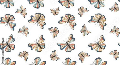 Beautiful seamless pattern featuring delicate butterflies with colorful patterned wings fluttering across clean white background for spring decor.