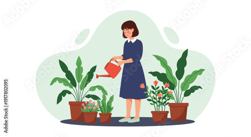 Calm scene showing a young woman in a blue dress carefully watering a variety of indoor potted plants and flowers with a red watering can.