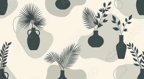 Monochromatic seamless pattern showcasing dark silhouettes of various plant branches and palm leaves arranged in stylish vases and pottery.