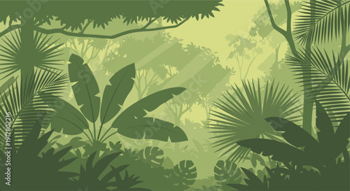 Green-toned illustration of a dense jungle canopy with sun rays shining through the leaves. Suitable for backgrounds, websites, or jungle-themed projects.