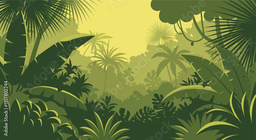 Vector illustration of a lush tropical jungle. Perfect for use as a background for websites, games, or marketing materials. A calming and evocative nature scene.