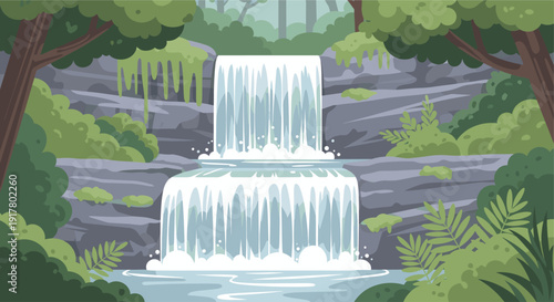 Cartoon style vector illustration of a beautiful waterfall scene surrounded by lush green foliage and rocky cliffs, creating a peaceful and serene natural environment.