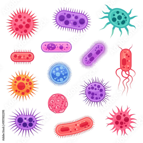Set of Various Viruses and Bacteria Cells, Microorganisms Illustration on Isolated White Background