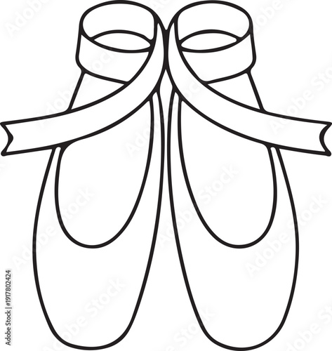 Minimal Line Icon of Ballet Pointe Shoes, Simple black outline illustration of ballet pointe shoes with ribbons, symbolizing classical dance, elegance, performance, and ballet training culture.