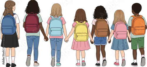 Diverse group of primary school children with colorful backpacks holding hands and walking together, back view vector illustration for education.