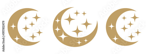 Crescent, half, or full moon vector icons set, set of gold moon and sparkling starlight in various shapes, moon phases flat design, magical celestial design, isolated vector illustration 