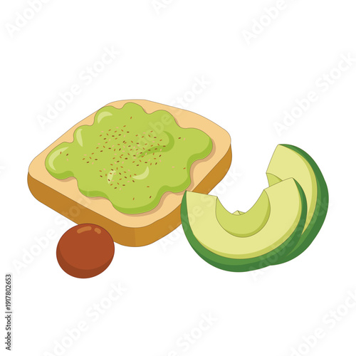 Illustration of an avocado with a pit, a slice, and a piece of toast with avocado spread.