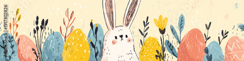 Happy Easter bunny finding colorful eggs in spring field banner. Cute bunny standing among pastel colored Easter eggs and stylized spring plants