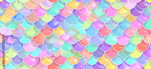 Pastel rainbow mermaid scales seamless pattern background. Cute iridescent texture creating a dreamy fantasy wallpaper for packaging