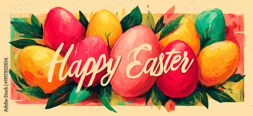 Happy Easter greeting with bunny and vibrant spring flowers. Happy Easter greeting design featuring a cute bunny, blooming tulips, and spring daffodils