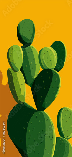 Nopal cactus pads growing with vibrant yellow background. Nopal cactus pads featuring simple graphic shape and casting shadow on yellow wall