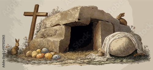 Empty tomb with cross and easter bunnies celebrating resurrection. Easter greeting card. Empty cave, stone rolled away, with cross, bunnies and colorful Easter eggs