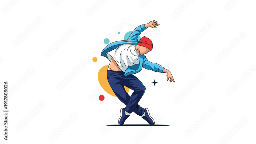 Fototapeta premium Urban breakdancer performing a dynamic and energetic dance move with a red beanie and stylish blue jacket over a white t-shirt.