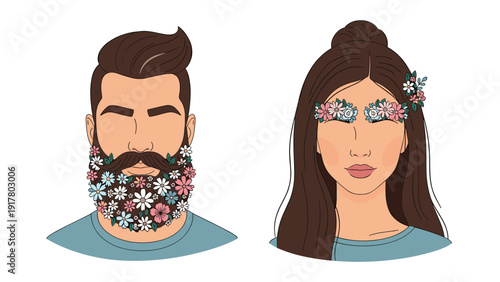 Man with a floral beard and woman with flower eyebrows and hair accessories standing together as a unique creative portrait illustration.