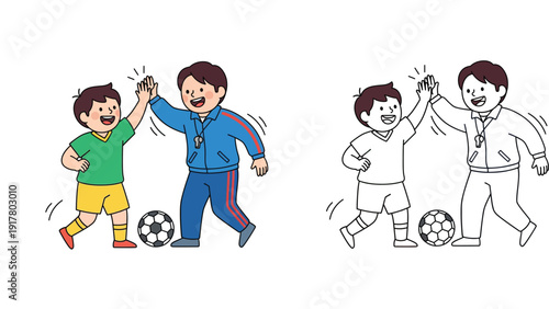 Cute boy and soccer coach high five. Football player and trainer teamwork with ball. Vector illustration isolated on white background. Coloring page and colored version.