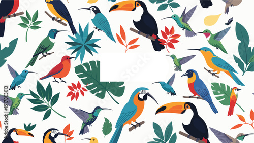 Vibrant seamless pattern displaying various tropical birds like toucans and hummingbirds among lush green jungle leaves on a white base.