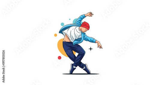 Urban breakdancer performing a dynamic and energetic dance move with a red beanie and stylish blue jacket over a white t-shirt.