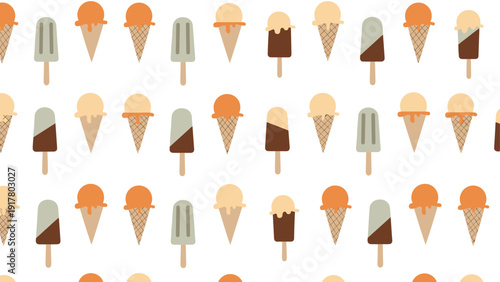Seamless pattern featuring a variety of delicious ice cream cones and popsicles in different flavors and shapes on a white background.