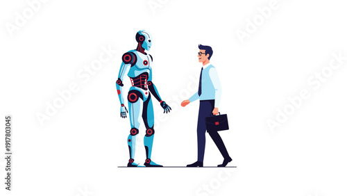 Future of technology concept showing a sophisticated humanoid robot shaking hands with a businessman in a professional office setting.