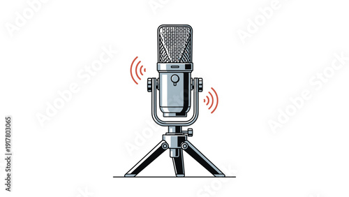Professional studio condenser microphone mounted on a tripod stand with red sound waves indicating a podcast or recording session.