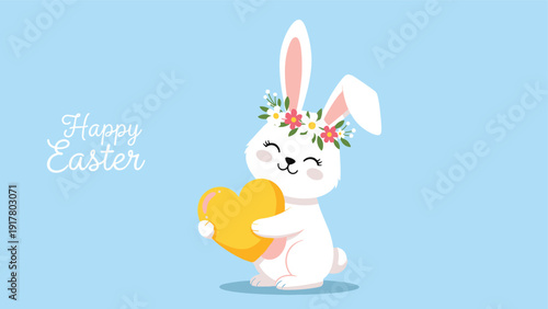 Sweet white bunny wearing a beautiful flower crown and holding a large yellow heart shape to celebrate easter holidays and spring.