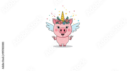 Cute pink pig character dressed up as a magical unicorn with a golden horn, wings, and a flower wreath amidst festive confetti.
