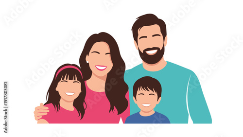 Happy family portrait illustration featuring parents and their two children smiling together against a clean white background design.
