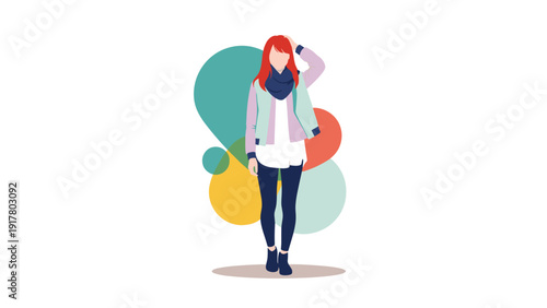 Stylish woman with red hair standing in a fashionable outfit against a background of colorful abstract geometric shapes and circles.