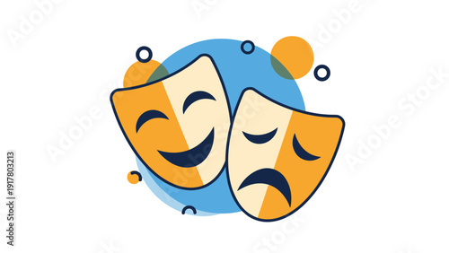 Classic drama theater masks representing comedy and tragedy with yellow faces and blue circular background for performing arts theme.