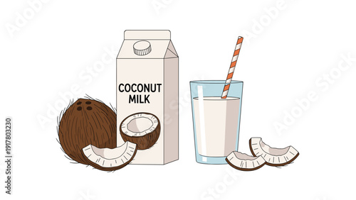 Healthy dairy alternative display featuring a carton of coconut milk, a glass with a straw, and fresh coconut pieces and slices.