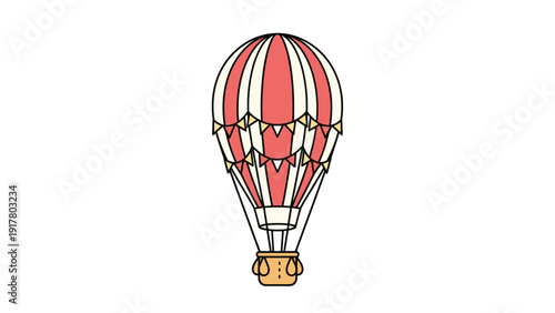 Beautiful vintage style hot air balloon with red and white stripes and decorative bunting flags flying high against a white backdrop.
