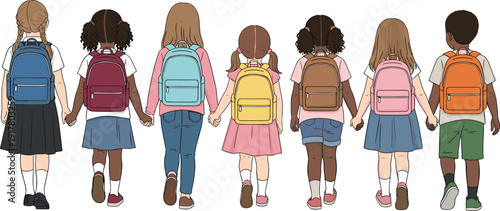 Diverse Group of School Children with Colorful Backpacks Holding Hands and Walking Together Towards Education Equality and Friendship Concept