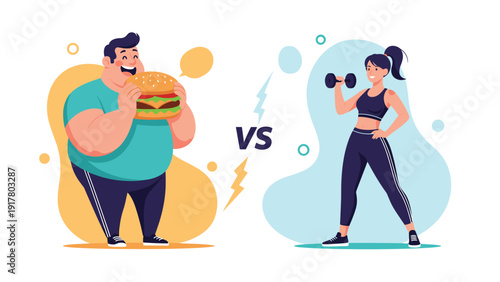 Comparison illustration showing a man eating a large burger versus a fit woman exercising with a dumbbell for a healthy lifestyle.