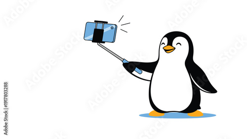 Cheerful cartoon penguin taking a fun selfie using a blue smartphone and a selfie stick while smiling happily for the camera.