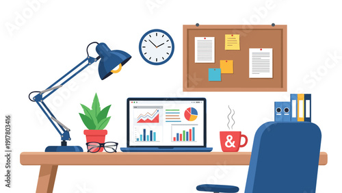 Organized home office desk setup with a laptop showing business charts, a desk lamp, a potted plant, and a notice board.
