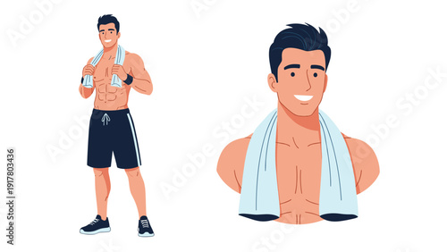 Fit muscular man standing confidently with a white towel around his neck after a successful workout session at the gym.
