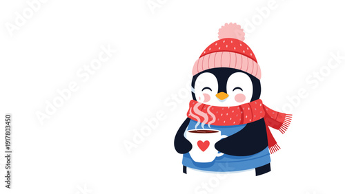 Adorable penguin character wearing a red knitted hat and scarf holding a hot mug of cocoa with a small heart on it.