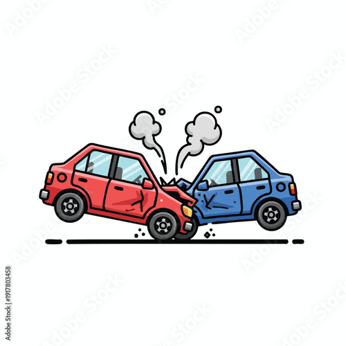 Cartoon Style Car Accident with Two Vehicles Colliding on Road