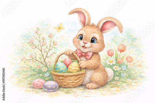 Adorable Easter Bunny With Colorful Painted Eggs
