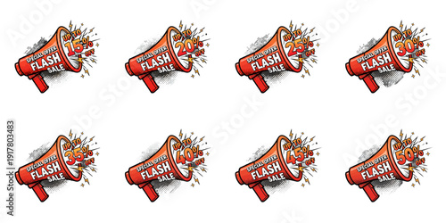 A promotional label flash sale advertisement with multiple red megaphones on a white background for business advertising