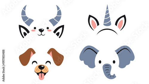 Set of cute animal face filters including a goat, unicorn, dog, and elephant for social media photo editing and fun apps.